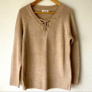 Calvin Klein Champagne Knit Sweater | V Neck With Gold Grommets  | Size M